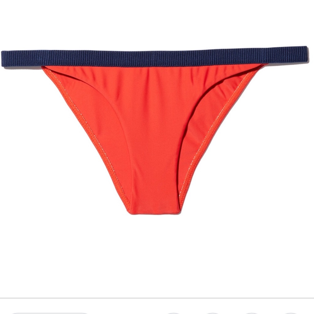 Red swimsuit bottom with navy blue trim